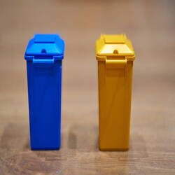 close-up of colorful waste bins
paris, france, march 12,2020